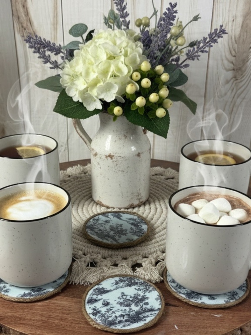 Set of 6 Rustic hand crafted cork Coasters - Blue landscape print .